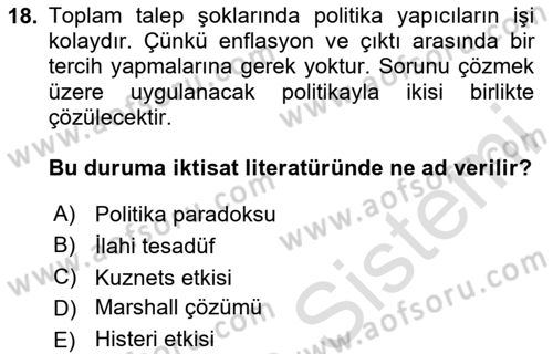 İktisada Giriş 2 Dersi 2025 - 2026 Yılı (Final) Dönem Sonu Sınav Soruları 18. Soru