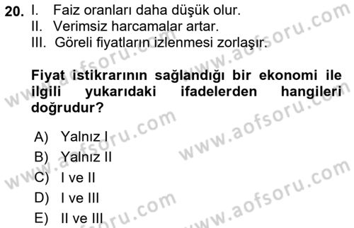 İktisada Giriş 2 Dersi 2025 - 2026 Yılı Yaz Okulu Sınav Soruları 20. Soru