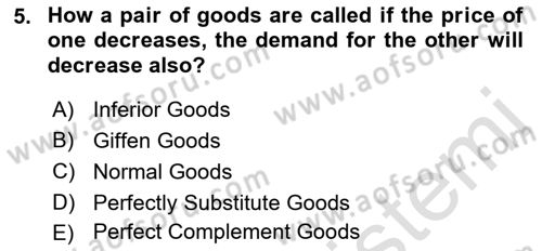 Introduction to Economics 1 Dersi Ara Sınavı Deneme Sınav Soruları 5. Soru