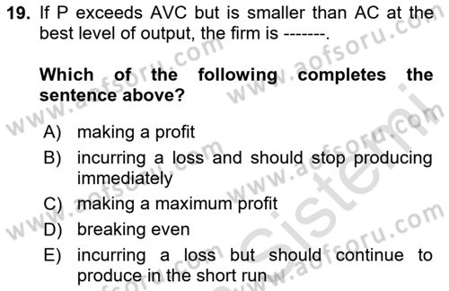 Introduction to Economics 1 Dersi 2020 - 2021 Yılı Yaz Okulu Sınav Soruları 19. Soru