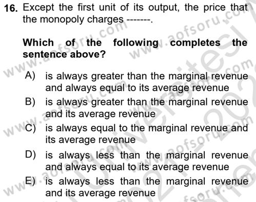 Introduction to Economics 1 Dersi 2021 - 2022 Yılı (Final) Dönem Sonu Sınav Soruları 16. Soru