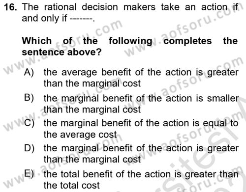 Introduction to Economics 1 Dersi 2023 - 2024 Yılı (Final) Dönem Sonu Sınav Soruları 16. Soru
