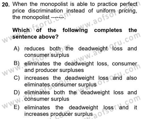 Introduction to Economics 1 Dersi 2023 - 2024 Yılı (Final) Dönem Sonu Sınav Soruları 20. Soru