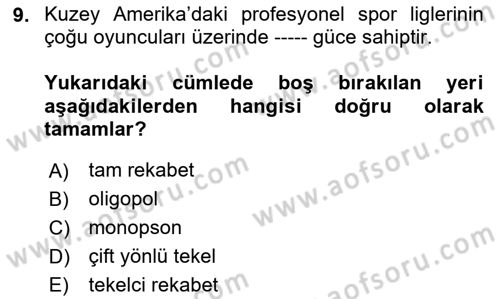 Spor Ekonomisi Dersi 2023 - 2024 Yılı (Final) Dönem Sonu Sınavı 9. Soru