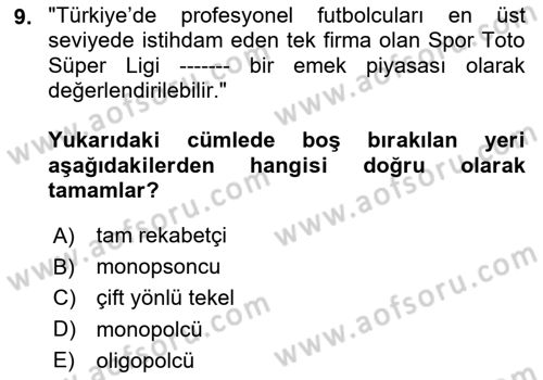 Spor Ekonomisi Dersi Yaz Okulu Sınavı Deneme Sınav Soruları 9. Soru