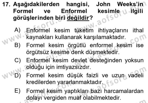 Ekonomi Sosyolojisi Dersi 2023 - 2024 Yılı (Vize) Ara Sınav Soruları 17. Soru