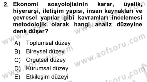Ekonomi Sosyolojisi -x Dersi 2024 - 2025 Yılı Yaz Okulu Sınav Soruları 2. Soru