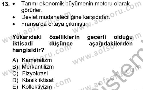 İktisadi Düşünceler Tarihi Dersi Ara Sınavı Deneme Sınav Soruları 13. Soru