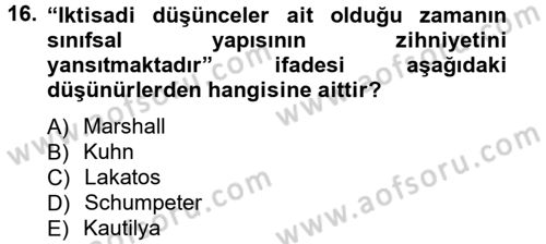 İktisadi Düşünceler Tarihi Dersi Ara Sınavı Deneme Sınav Soruları 16. Soru