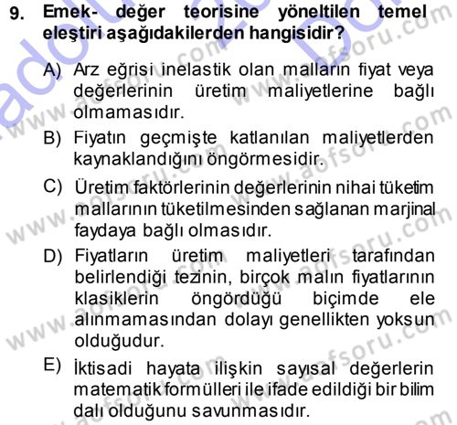 İktisadi Düşünceler Tarihi Dersi 2013 - 2014 Yılı (Final) Dönem Sonu Sınav Soruları 9. Soru