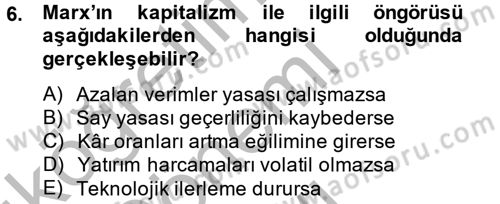 İktisadi Düşünceler Tarihi Dersi 2014 - 2015 Yılı (Final) Dönem Sonu Sınav Soruları 6. Soru