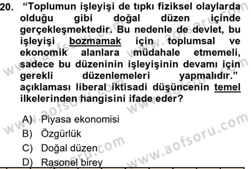 İktisadi Düşünceler Tarihi Dersi Ara Sınavı Deneme Sınav Soruları 20. Soru