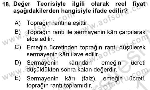 İktisadi Düşünceler Tarihi Dersi 2016 - 2017 Yılı (Vize) Ara Sınavı 18. Soru