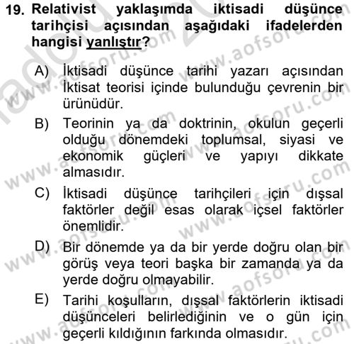 İktisadi Düşünceler Tarihi Dersi 2016 - 2017 Yılı (Vize) Ara Sınavı 19. Soru