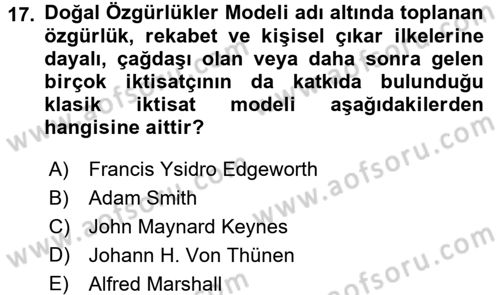 İktisadi Düşünceler Tarihi Dersi 2016 - 2017 Yılı (Final) Dönem Sonu Sınav Soruları 17. Soru