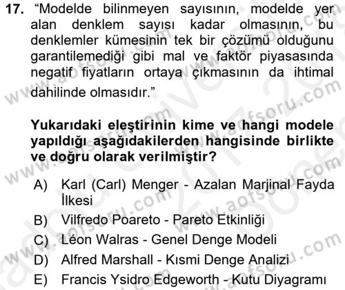 İktisadi Düşünceler Tarihi Dersi 2017 - 2018 Yılı (Final) Dönem Sonu Sınav Soruları 17. Soru