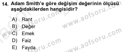 İktisadi Düşünceler Tarihi Dersi Ara Sınavı Deneme Sınav Soruları 14. Soru