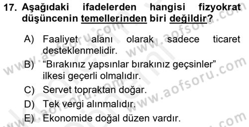 İktisadi Düşünceler Tarihi Dersi Ara Sınavı Deneme Sınav Soruları 17. Soru