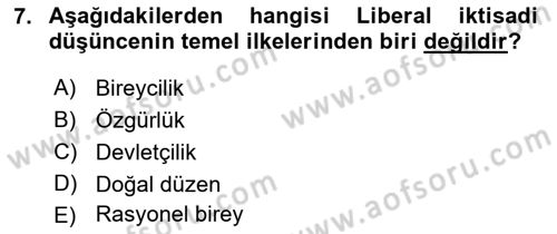 İktisadi Düşünceler Tarihi Dersi 2018 - 2019 Yılı (Final) Dönem Sonu Sınav Soruları 7. Soru