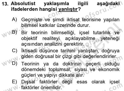 İktisadi Düşünceler Tarihi Dersi Ara Sınavı Deneme Sınav Soruları 13. Soru