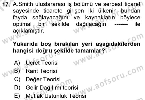 İktisadi Düşünceler Tarihi Dersi 2019 - 2020 Yılı (Final) Dönem Sonu Sınav Soruları 17. Soru