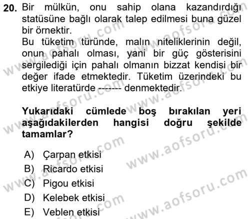 İktisadi Düşünceler Tarihi Dersi 2019 - 2020 Yılı (Final) Dönem Sonu Sınav Soruları 20. Soru