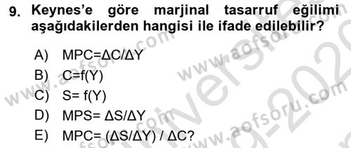 İktisadi Düşünceler Tarihi Dersi 2019 - 2020 Yılı (Final) Dönem Sonu Sınav Soruları 9. Soru