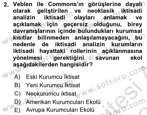 İktisadi Düşünceler Tarihi Dersi 2020 - 2021 Yılı Yaz Okulu Sınav Soruları 2. Soru