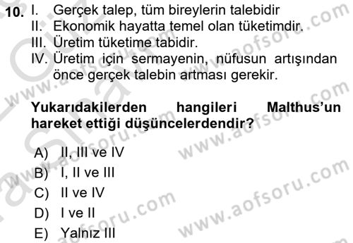 İktisadi Düşünceler Tarihi Dersi Ara Sınavı Deneme Sınav Soruları 10. Soru