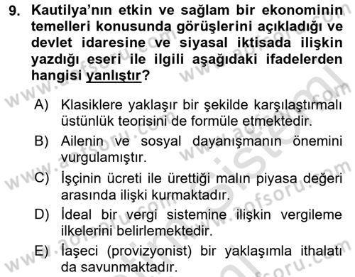 İktisadi Düşünceler Tarihi Dersi 2021 - 2022 Yılı (Vize) Ara Sınav Soruları 9. Soru