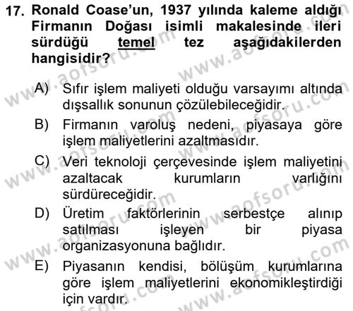 İktisadi Düşünceler Tarihi Dersi 2021 - 2022 Yılı (Final) Dönem Sonu Sınav Soruları 17. Soru