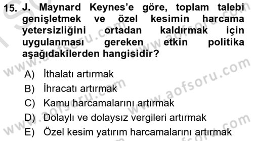 İktisadi Düşünceler Tarihi Dersi 2024 - 2025 Yılı (Final) Dönem Sonu Sınav Soruları 15. Soru