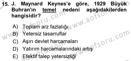 İktisadi Düşünceler Tarihi Dersi 2024 - 2025 Yılı Yaz Okulu Sınav Soruları 15. Soru