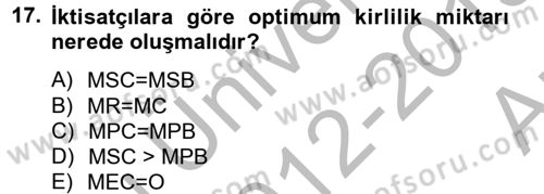 Doğal Kaynaklar ve Çevre Ekonomisi Dersi 2012 - 2013 Yılı (Vize) Ara Sınav Soruları 17. Soru