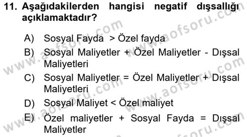 Doğal Kaynaklar ve Çevre Ekonomisi Dersi 2015 - 2016 Yılı (Vize) Ara Sınav Soruları 11. Soru