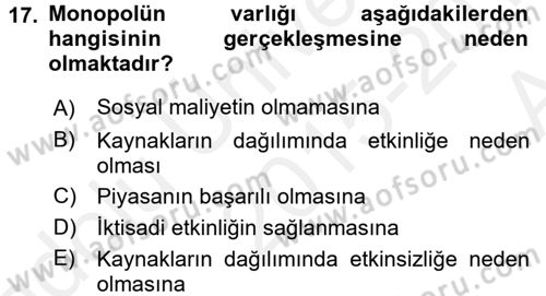 Doğal Kaynaklar ve Çevre Ekonomisi Dersi 2015 - 2016 Yılı (Vize) Ara Sınav Soruları 17. Soru