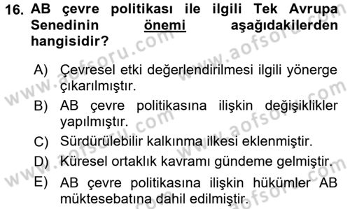 Doğal Kaynaklar ve Çevre Ekonomisi Dersi 2015 - 2016 Yılı (Final) Dönem Sonu Sınavı 16. Soru