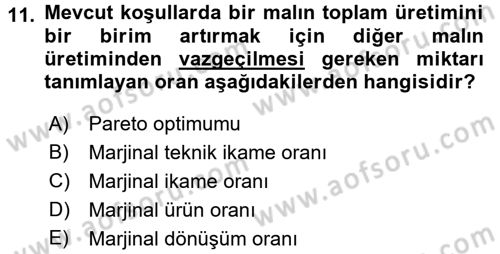 Doğal Kaynaklar ve Çevre Ekonomisi Dersi 2016 - 2017 Yılı (Vize) Ara Sınav Soruları 11. Soru
