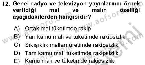 Doğal Kaynaklar ve Çevre Ekonomisi Dersi 2016 - 2017 Yılı (Vize) Ara Sınav Soruları 12. Soru