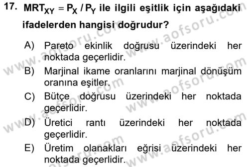 Doğal Kaynaklar ve Çevre Ekonomisi Dersi 2016 - 2017 Yılı (Vize) Ara Sınavı 17. Soru