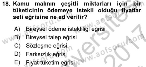 Doğal Kaynaklar ve Çevre Ekonomisi Dersi 2016 - 2017 Yılı (Vize) Ara Sınavı 18. Soru