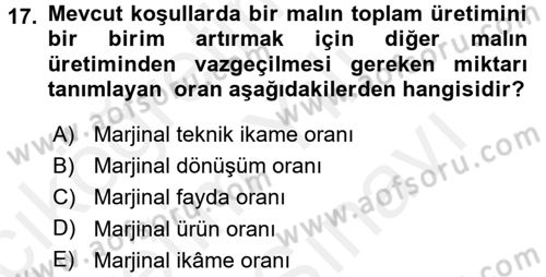 Doğal Kaynaklar ve Çevre Ekonomisi Dersi 2017 - 2018 Yılı (Vize) Ara Sınavı 17. Soru