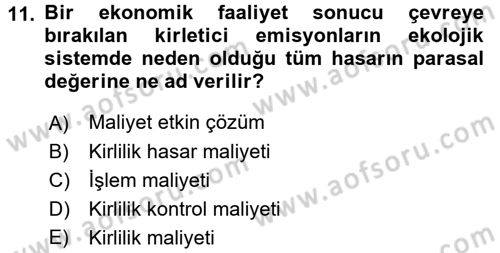 Doğal Kaynaklar ve Çevre Ekonomisi Dersi 2017 - 2018 Yılı (Final) Dönem Sonu Sınavı 11. Soru