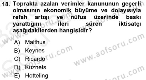 Doğal Kaynaklar ve Çevre Ekonomisi Dersi 2017 - 2018 Yılı (Final) Dönem Sonu Sınav Soruları 18. Soru