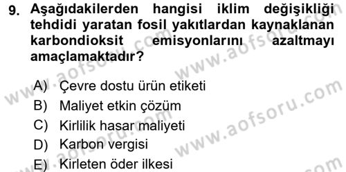 Doğal Kaynaklar ve Çevre Ekonomisi Dersi 2017 - 2018 Yılı (Final) Dönem Sonu Sınav Soruları 9. Soru