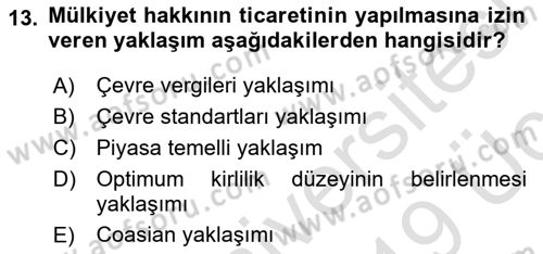 Doğal Kaynaklar ve Çevre Ekonomisi Dersi 2018 - 2019 Yılı 3 Ders Sınav Soruları 13. Soru