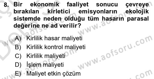 Doğal Kaynaklar ve Çevre Ekonomisi Dersi 2018 - 2019 Yılı 3 Ders Sınav Soruları 8. Soru