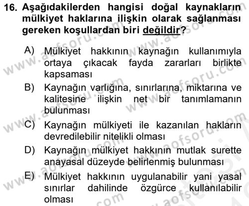 Doğal Kaynaklar ve Çevre Ekonomisi Dersi 2018 - 2019 Yılı (Vize) Ara Sınavı 16. Soru