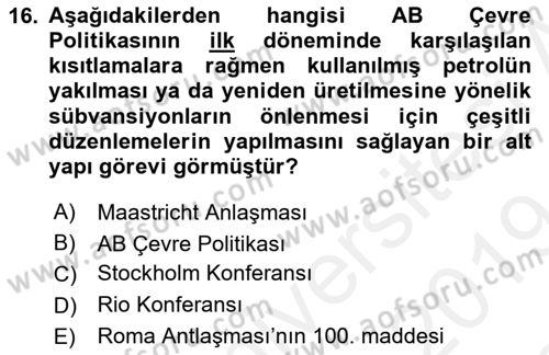 Doğal Kaynaklar ve Çevre Ekonomisi Dersi 2018 - 2019 Yılı (Final) Dönem Sonu Sınav Soruları 16. Soru