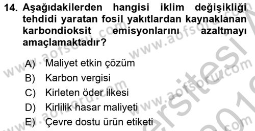 Doğal Kaynaklar ve Çevre Ekonomisi Dersi 2018 - 2019 Yılı Yaz Okulu Sınavı 14. Soru